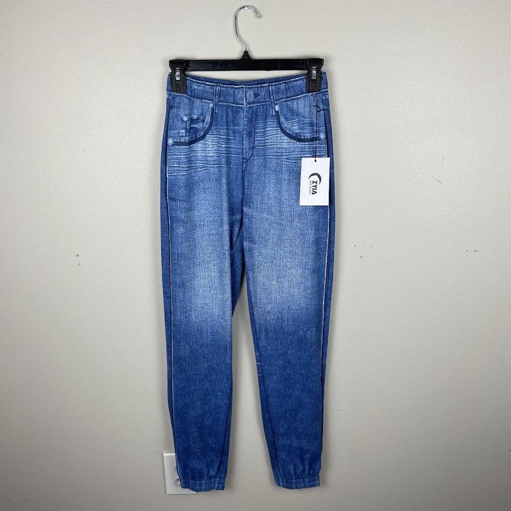 Zyia Distressed Denim Joggers Women's XS Blue Elastic Waist Stretch Faux Jeans
